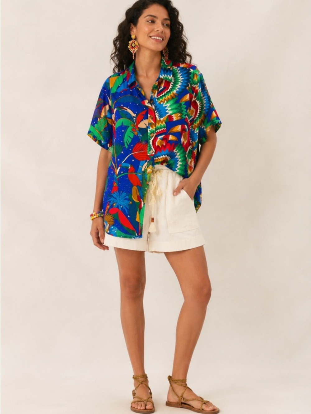 Farm Rio NWT Mixed Button Down Shirt  Print Blue/Red Size XS Oversized